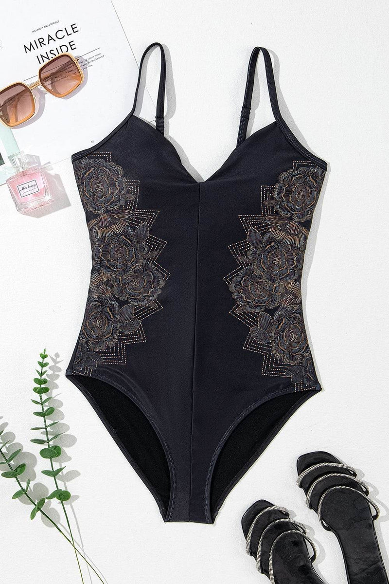 Embroidered V-Neck One-Piece Swimwear - UnLaced Boutique