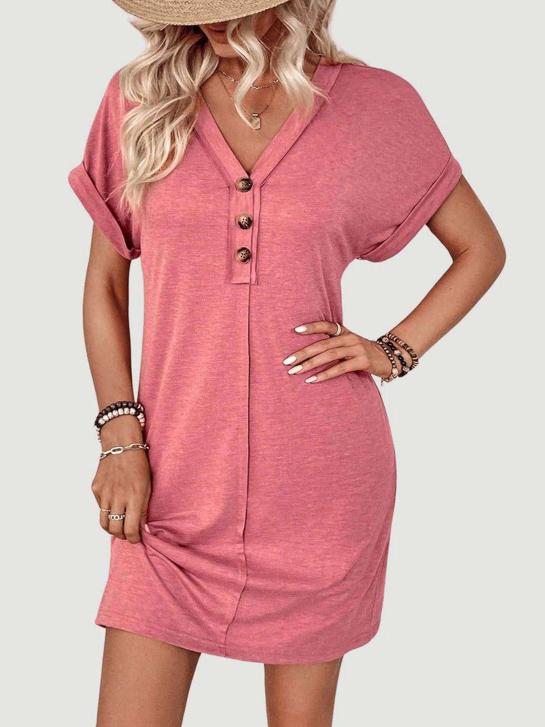 Quarter Button V-Neck Short Sleeve Dress - UnLaced Boutique