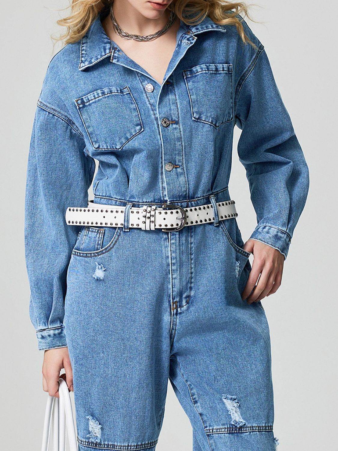 Distressed Button Down Drop Shoulder Denim Jumpsuit - UnLaced Boutique