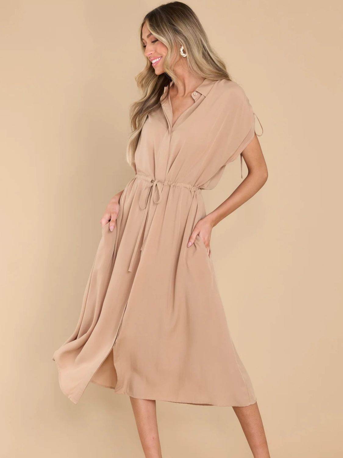 Drawstring Collared Neck Short Sleeve Midi Dress - UnLaced Boutique