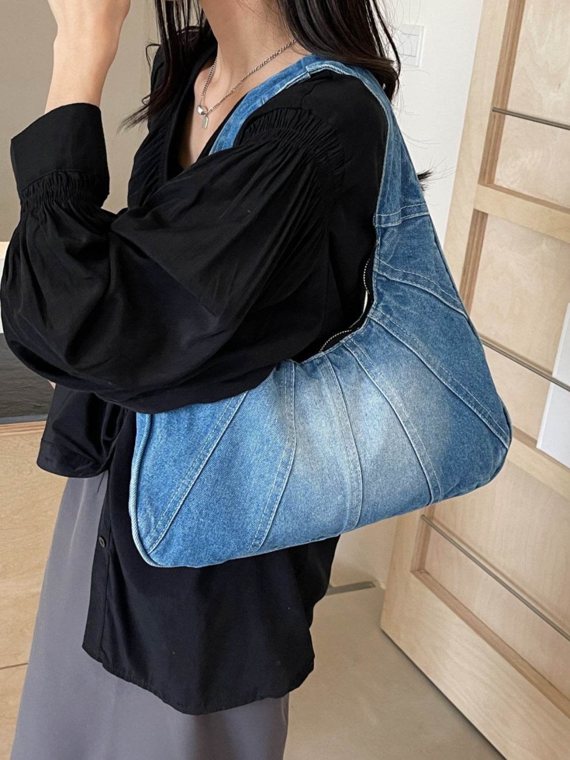 Crescent Shaped Denim Shoulder Bag - UnLaced Boutique