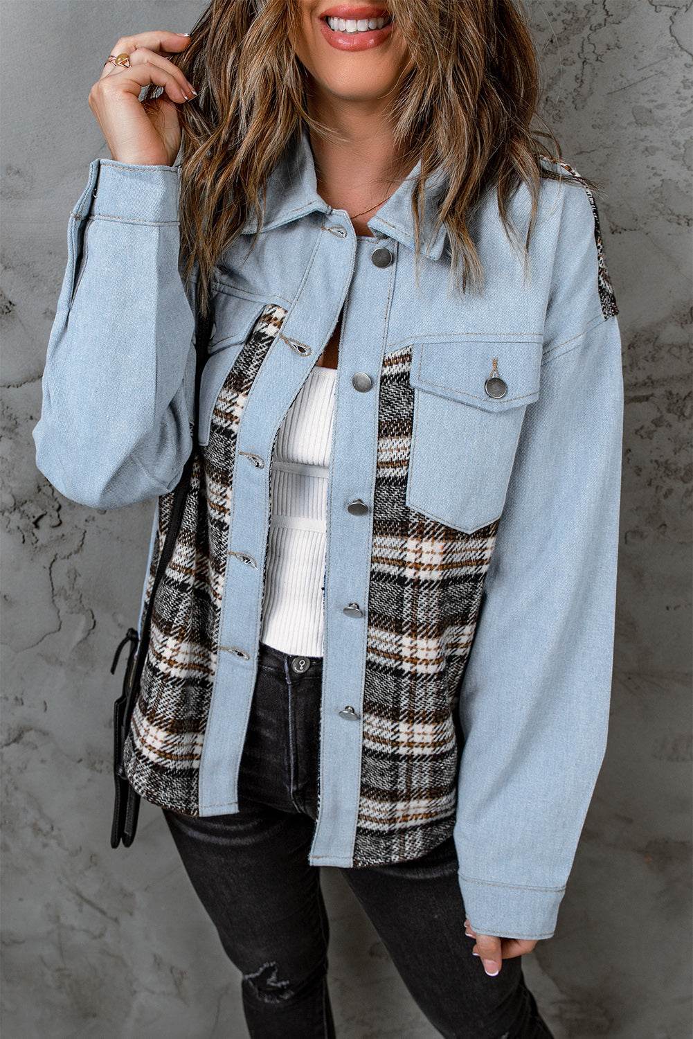 Plaid Pocketed Button Up Denim Jacket - UnLaced Boutique