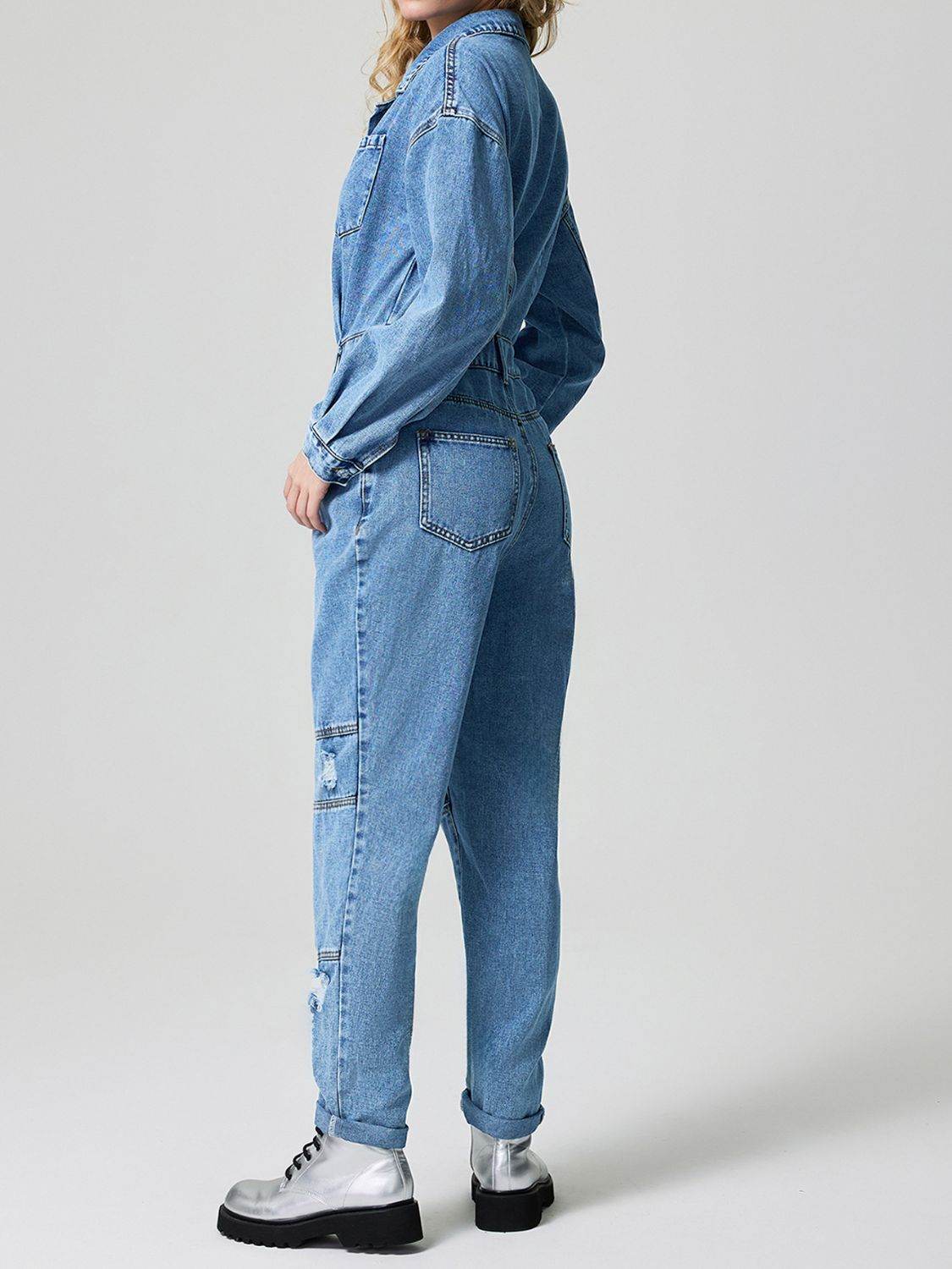Distressed Button Down Drop Shoulder Denim Jumpsuit - UnLaced Boutique