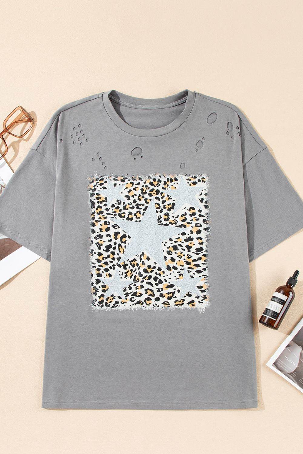 Stars Leopard Graphic Distressed T-Shirt - UnLaced Boutique