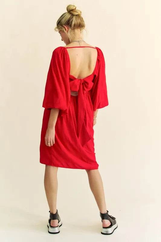 Davi & Dani Solid Textured Fabric Puff Sleeve Tie Back Dress - UnLaced Boutique