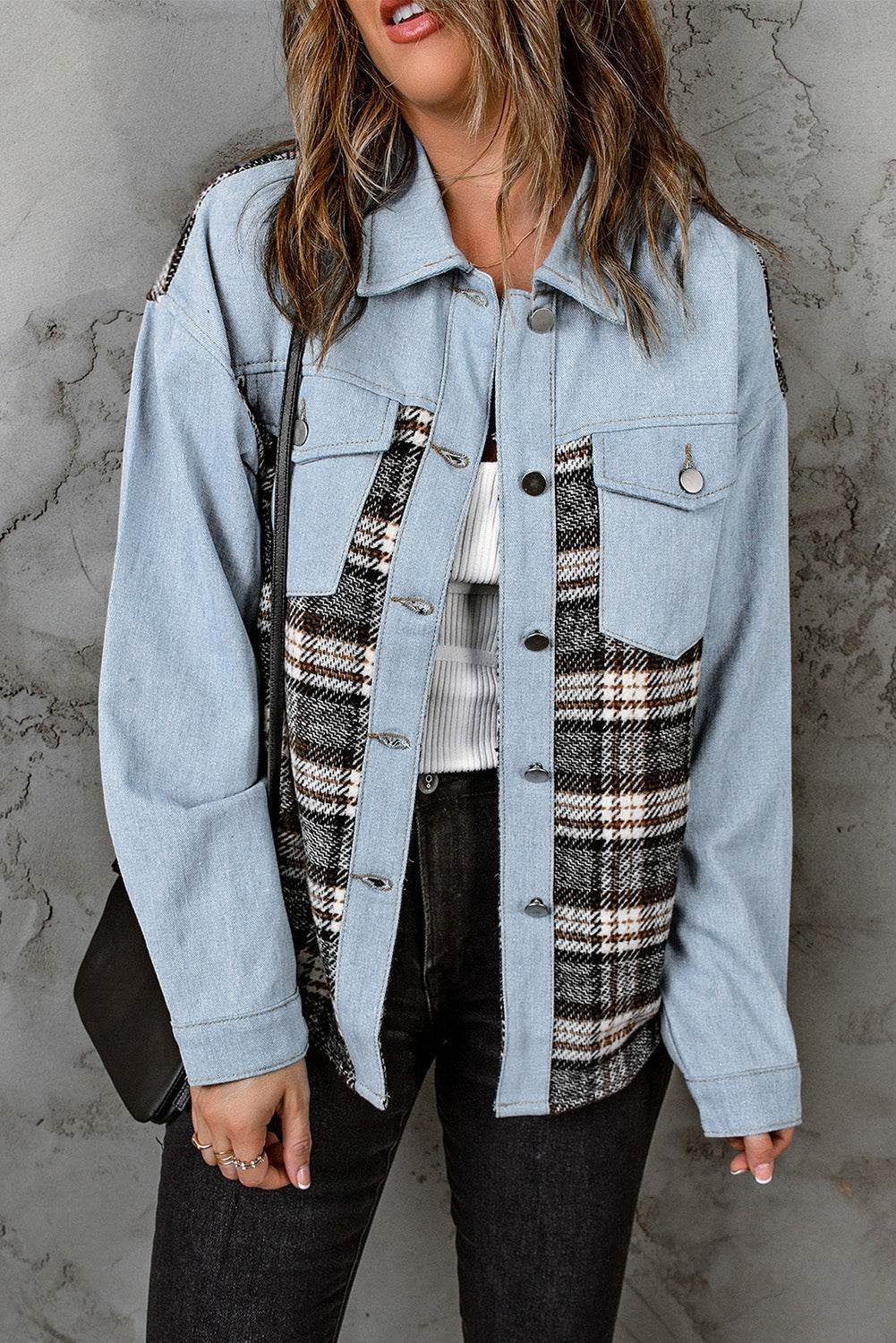 Plaid Pocketed Button Up Denim Jacket - UnLaced Boutique