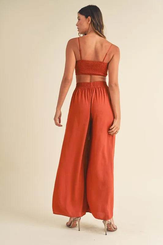 MABLE Smocked Bralette Crop Top and Wide Leg Pants Set - UnLaced Boutique