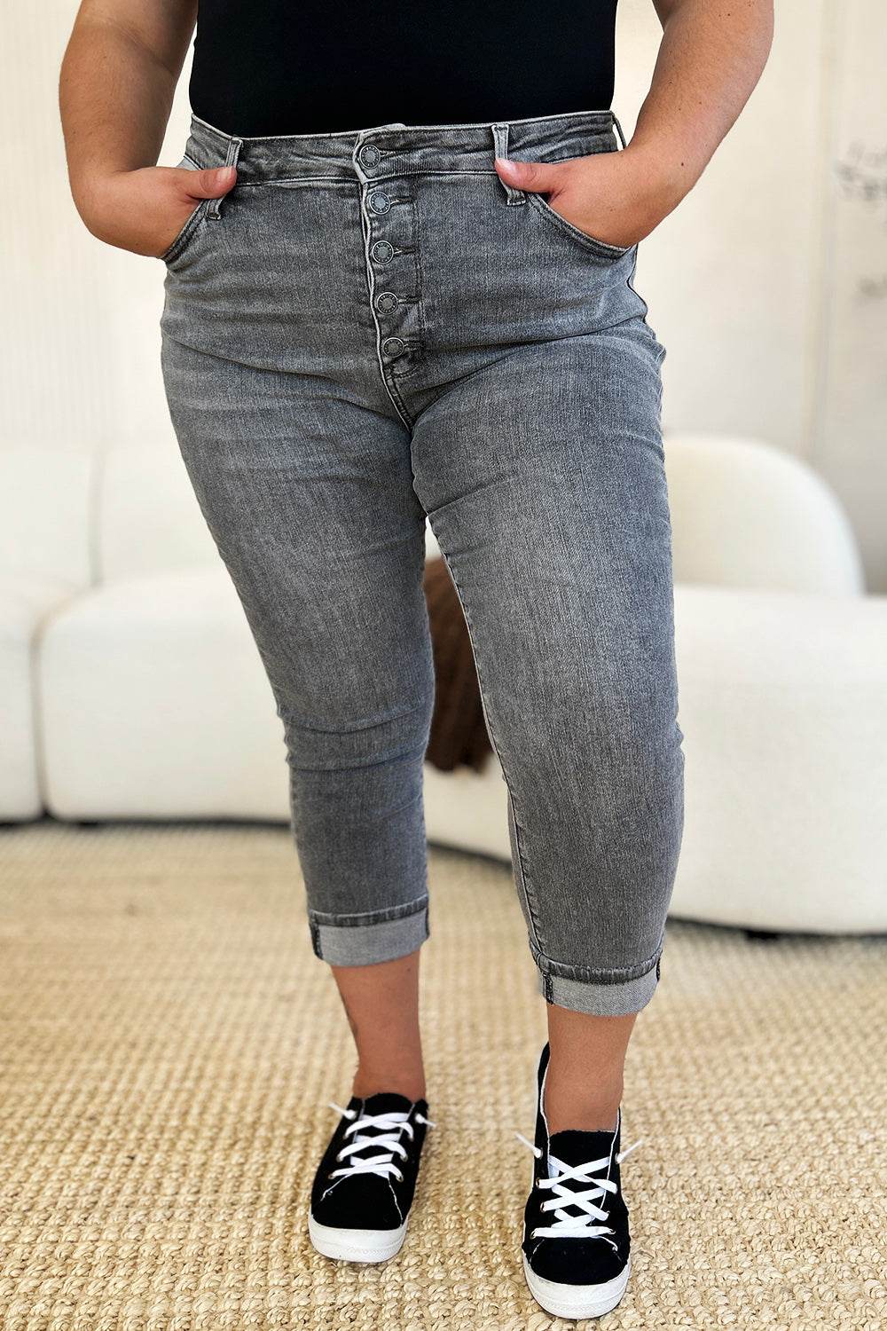 Judy Blue Full Size Button Fly High Waist Cuffed Capris - UnLaced Boutique