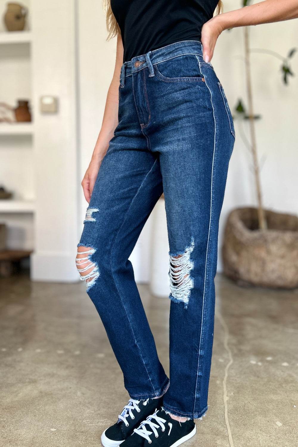Judy Blue Full Size High Waist Rigid Magic Heavy Destroy Straight Jeans - UnLaced Boutique