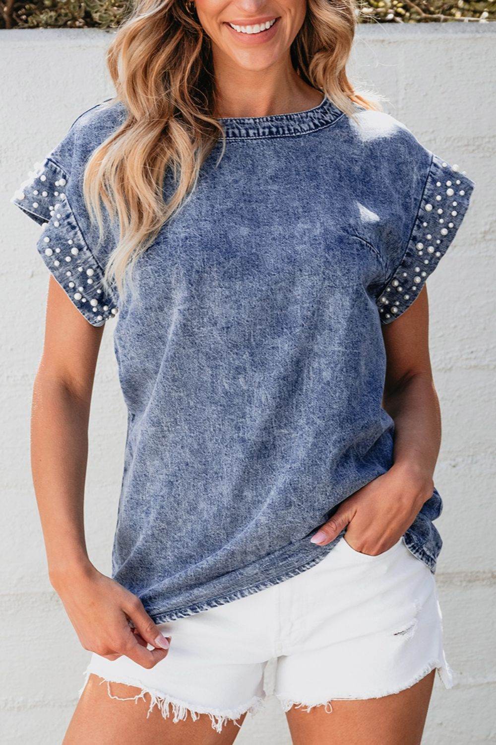 Pearl Trim Round Neck Cap Sleeve Denim Top - UnLaced Boutique