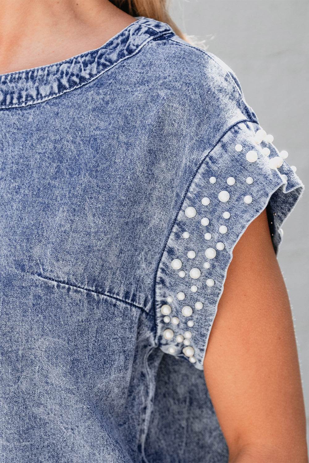 Pearl Trim Round Neck Cap Sleeve Denim Top - UnLaced Boutique