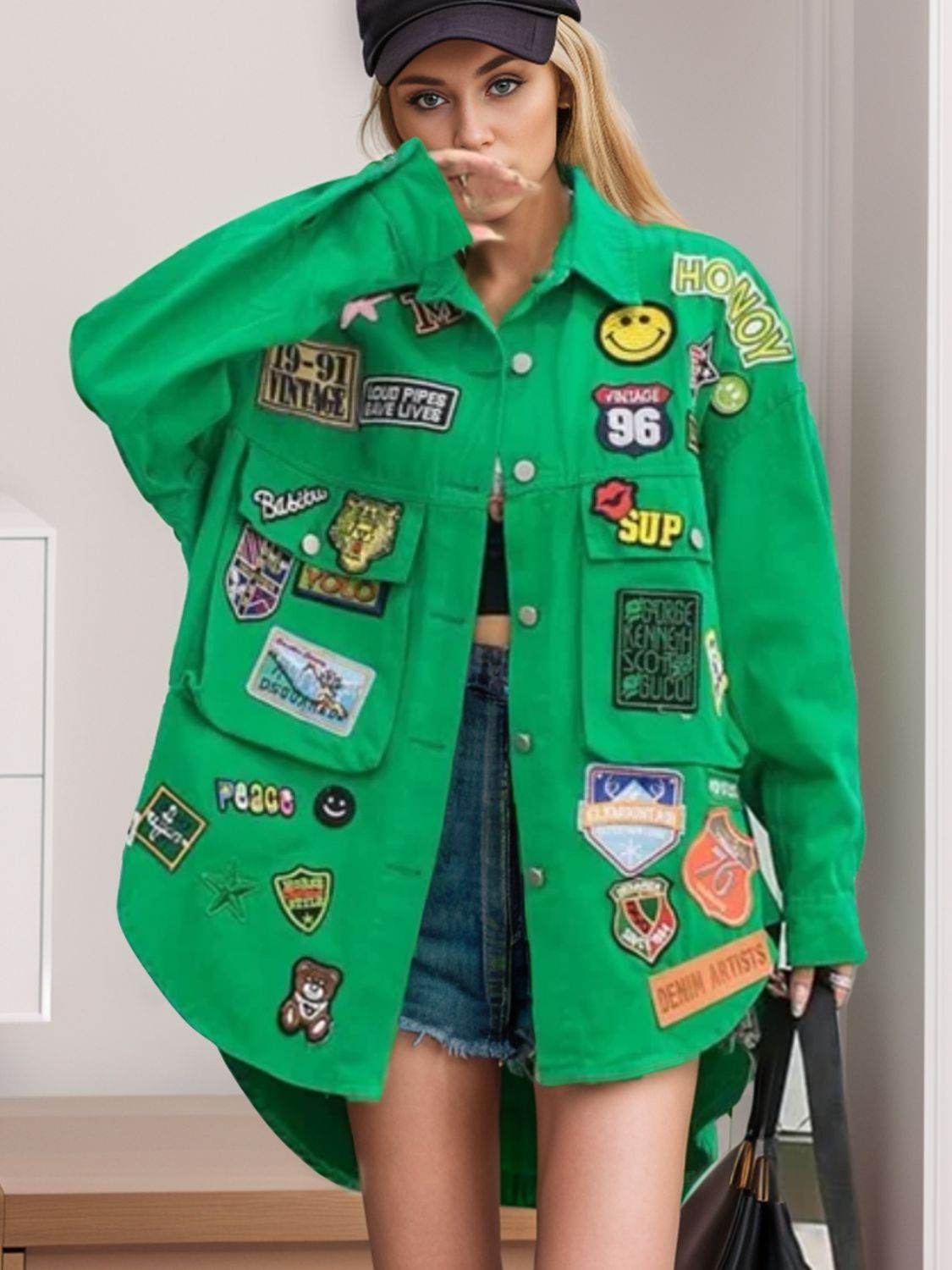 Embroidered Patch Button Up Long Sleeve Denim Jacket - UnLaced Boutique