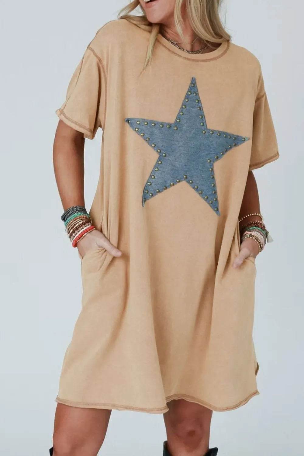 Mineral Wash Stud Beaded Star Pocketed T Shirt Dress - UnLaced Boutique
