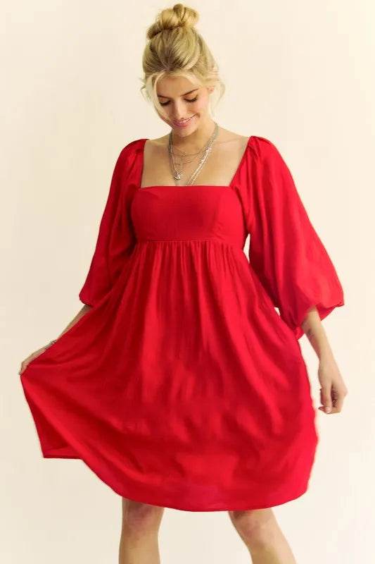 Davi & Dani Solid Textured Fabric Puff Sleeve Tie Back Dress - UnLaced Boutique