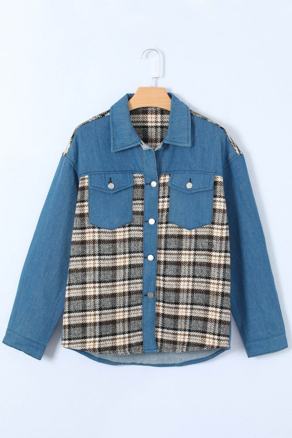 Plaid Pocketed Button Up Denim Jacket - UnLaced Boutique