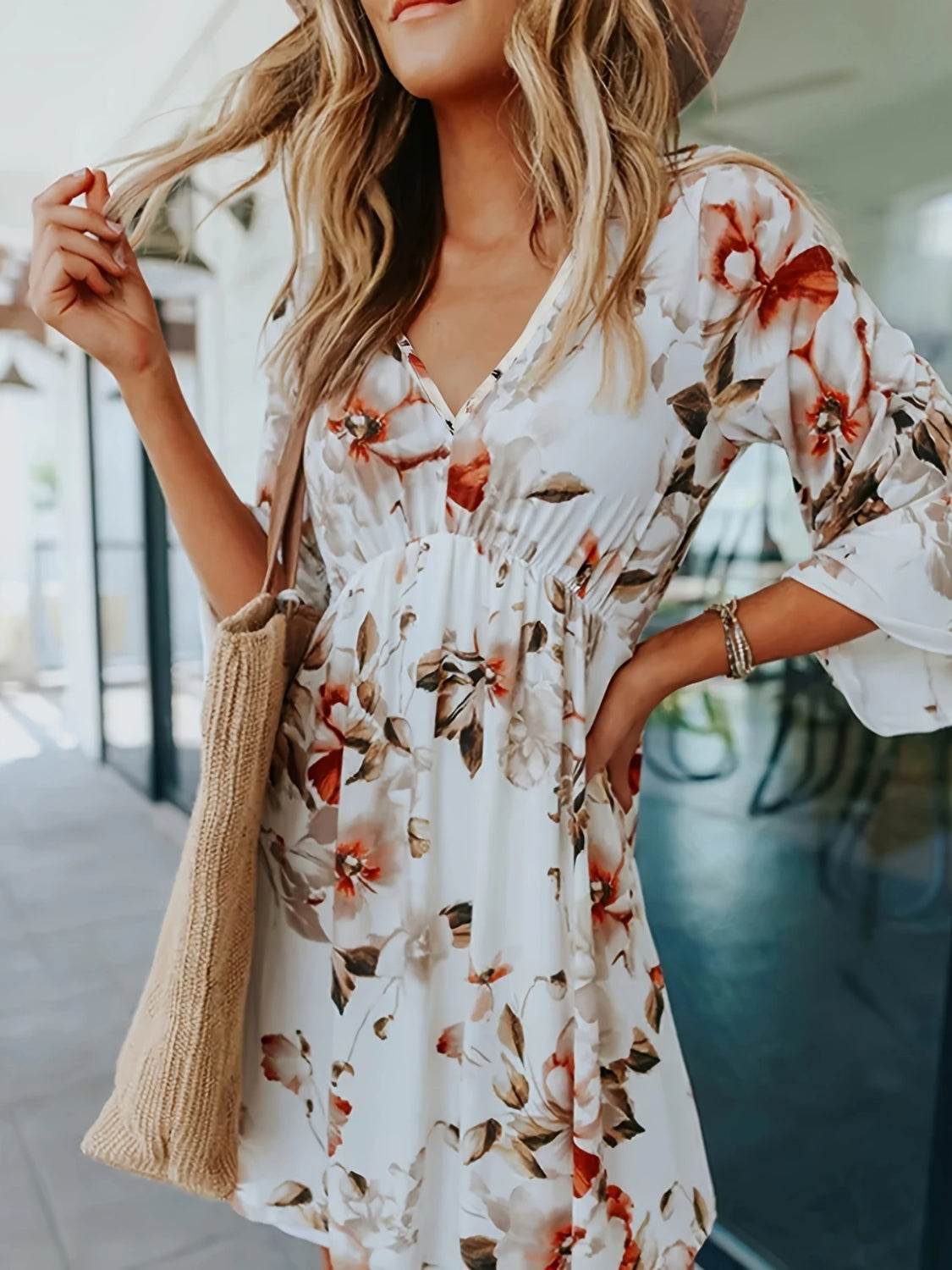 Floral V-Neck Three-Quarter Sleeve Mini Dress - UnLaced Boutique