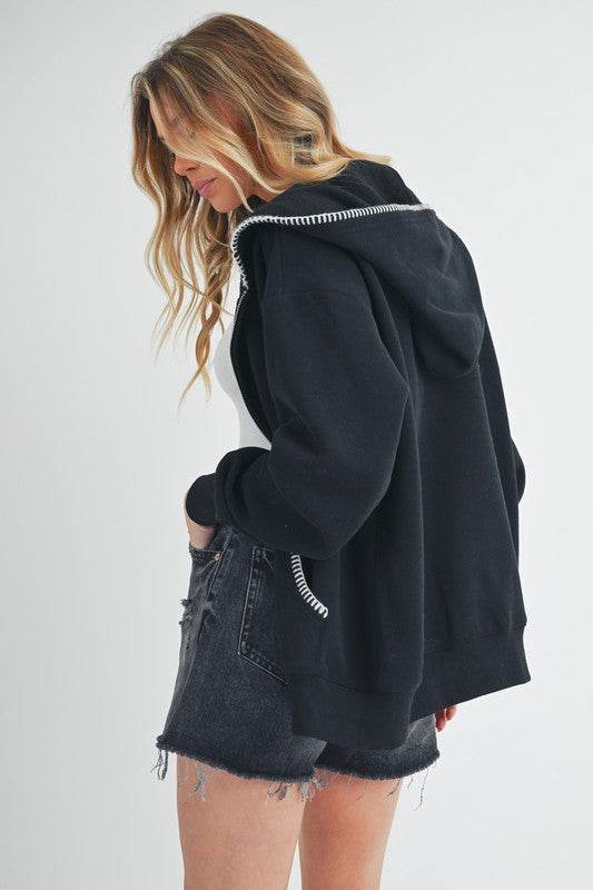 Aemi + Co Contrast Trim Zip Up Hoodie Jacket - UnLaced Boutique