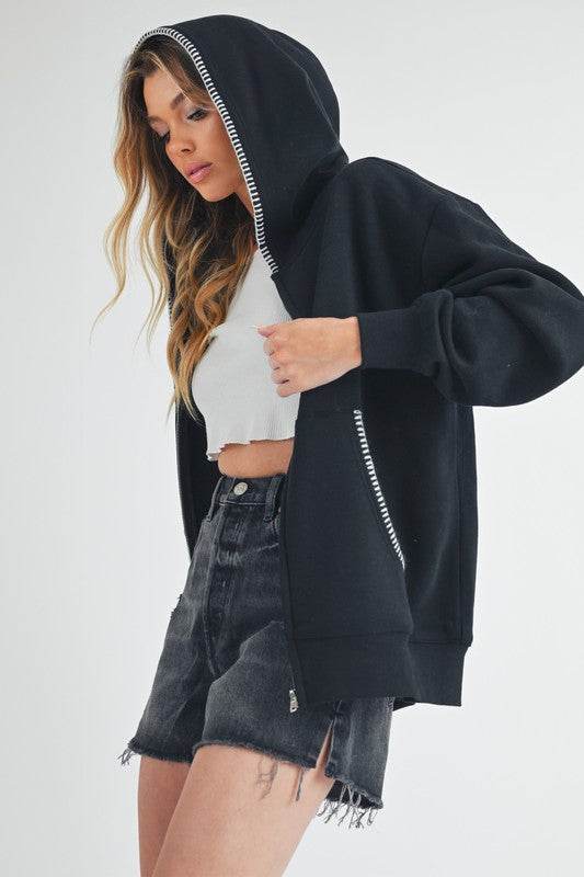 Aemi + Co Contrast Trim Zip Up Hoodie Jacket - UnLaced Boutique
