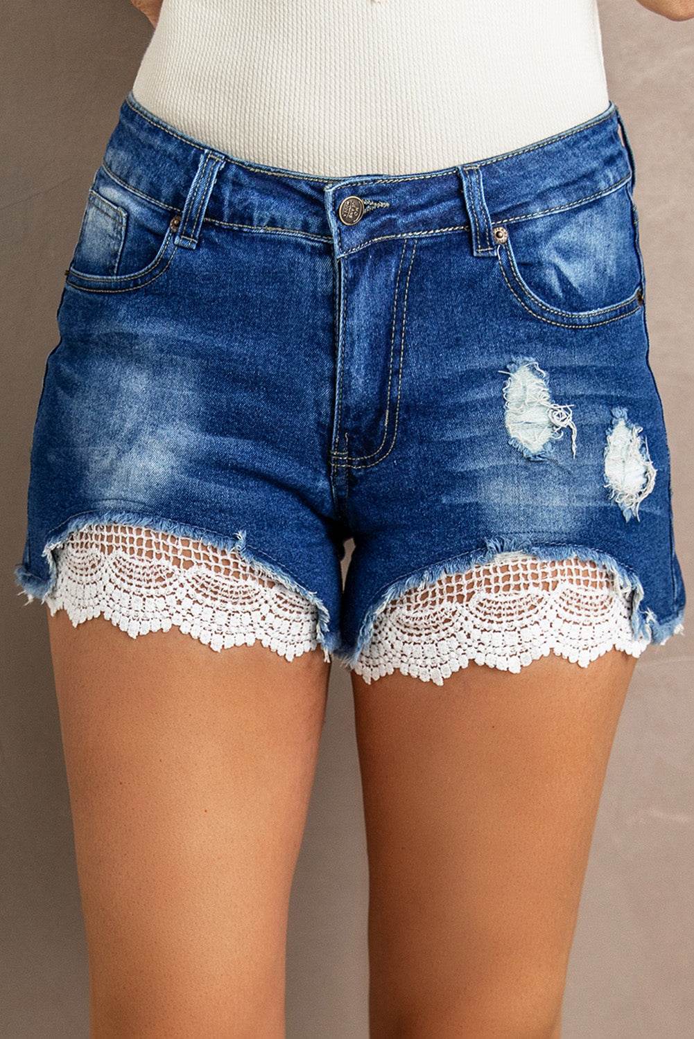 Spliced Lace Distressed Denim Shorts - UnLaced Boutique