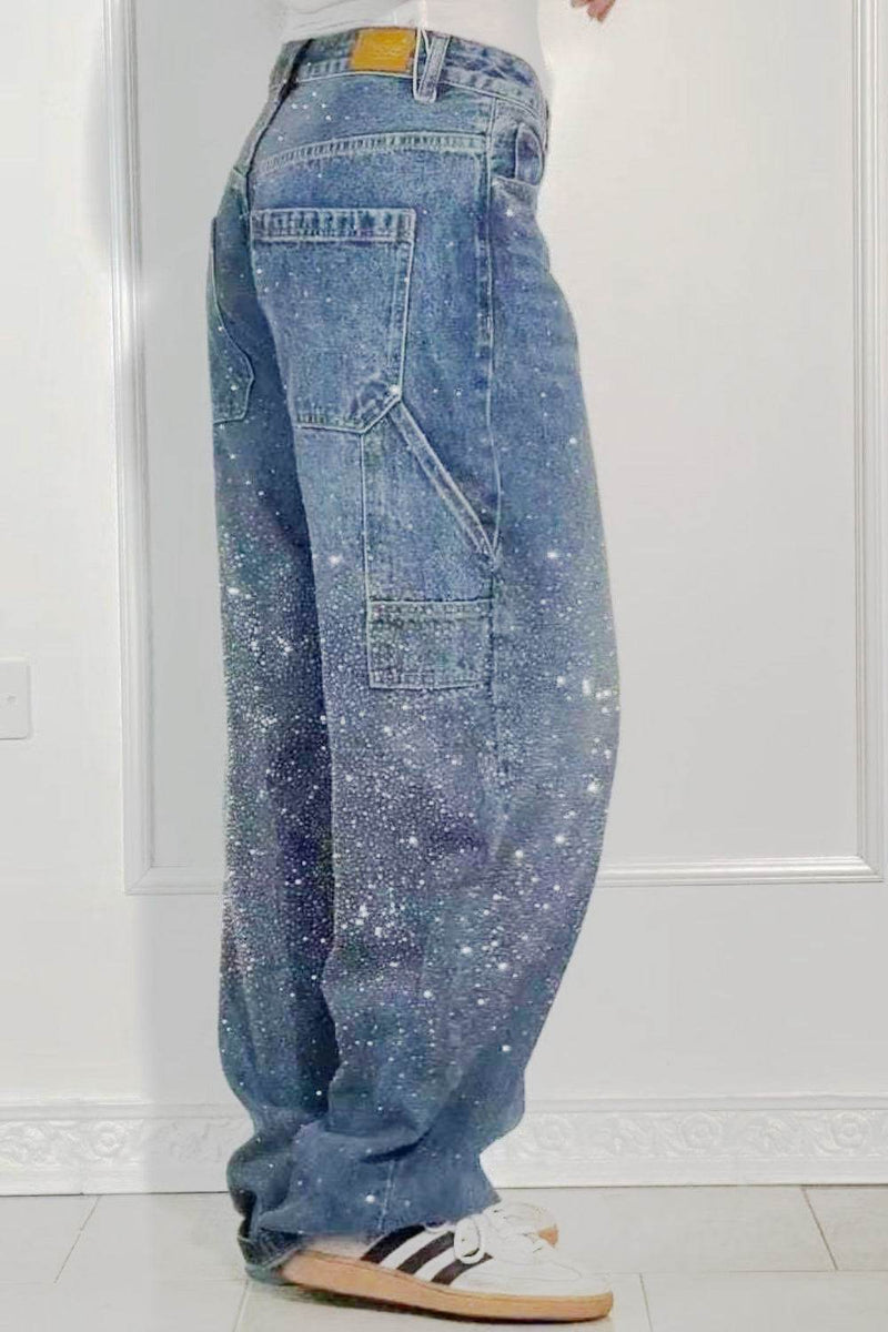 Full Size Washed Rhinestone Detail Wide leg Jeans Plus Size - UnLaced Boutique