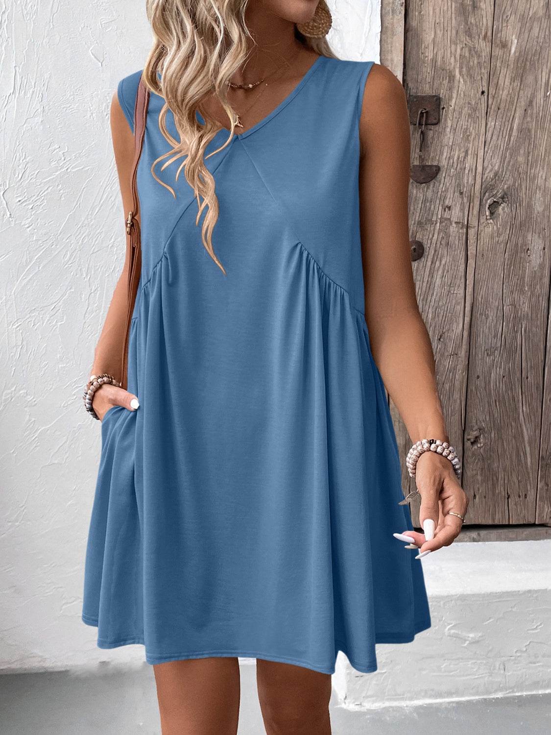 Ivy Lane Ruched V-Neck Sleeveless Mini Dress - UnLaced Boutique