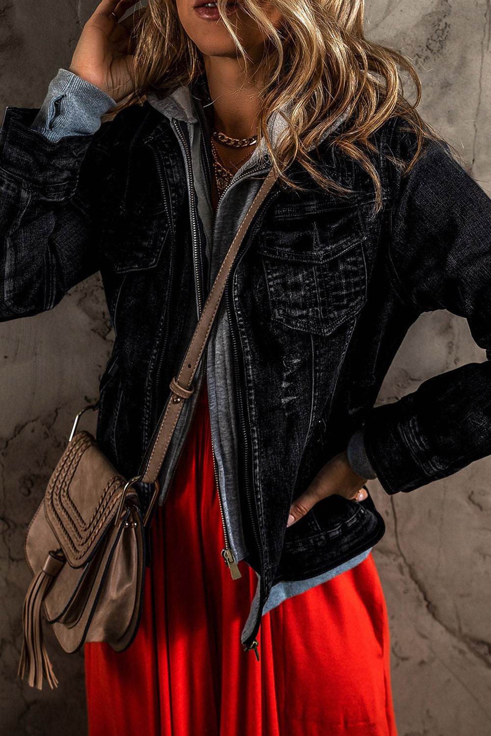 Fake Two-Piece Hooded Zip-Up Denim Jacket - UnLaced Boutique