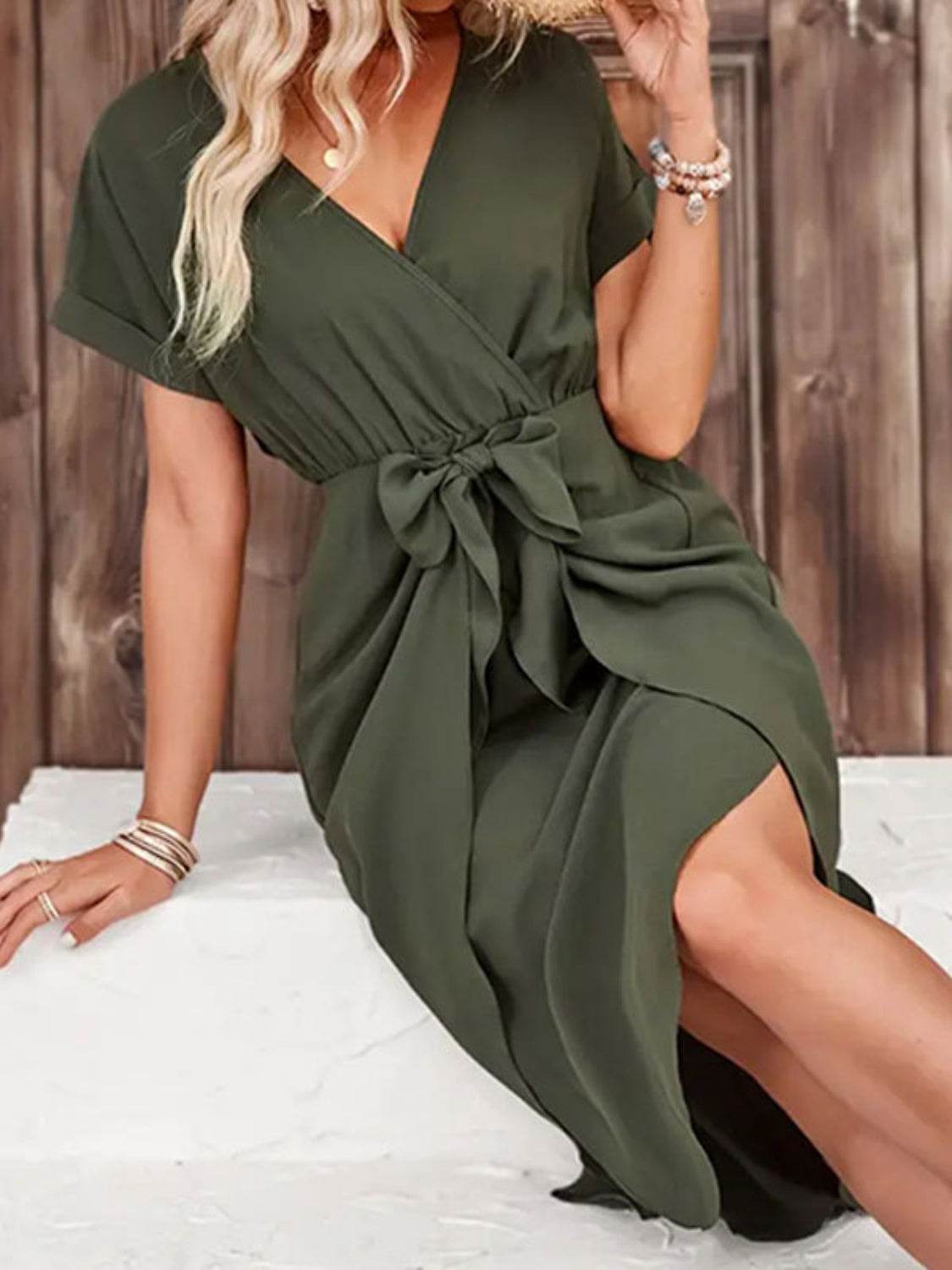 Tied Surplice Short Sleeve Dress - UnLaced Boutique