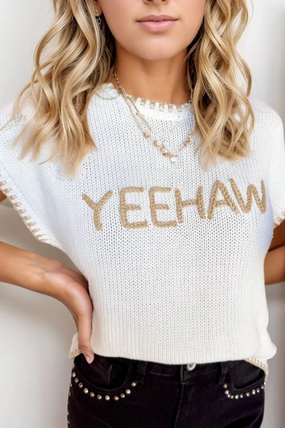 YEEHAW Stitch Edge Crew Neck Knit Top - UnLaced Boutique