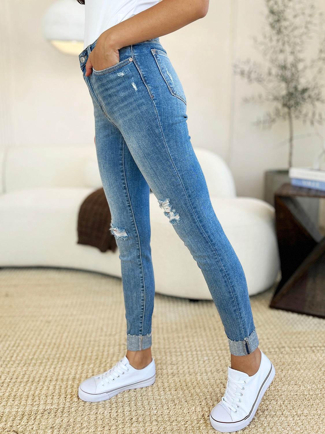 Judy Blue Full Size Mid Rise Destroy & Cuff Skinny Jeans - UnLaced Boutique