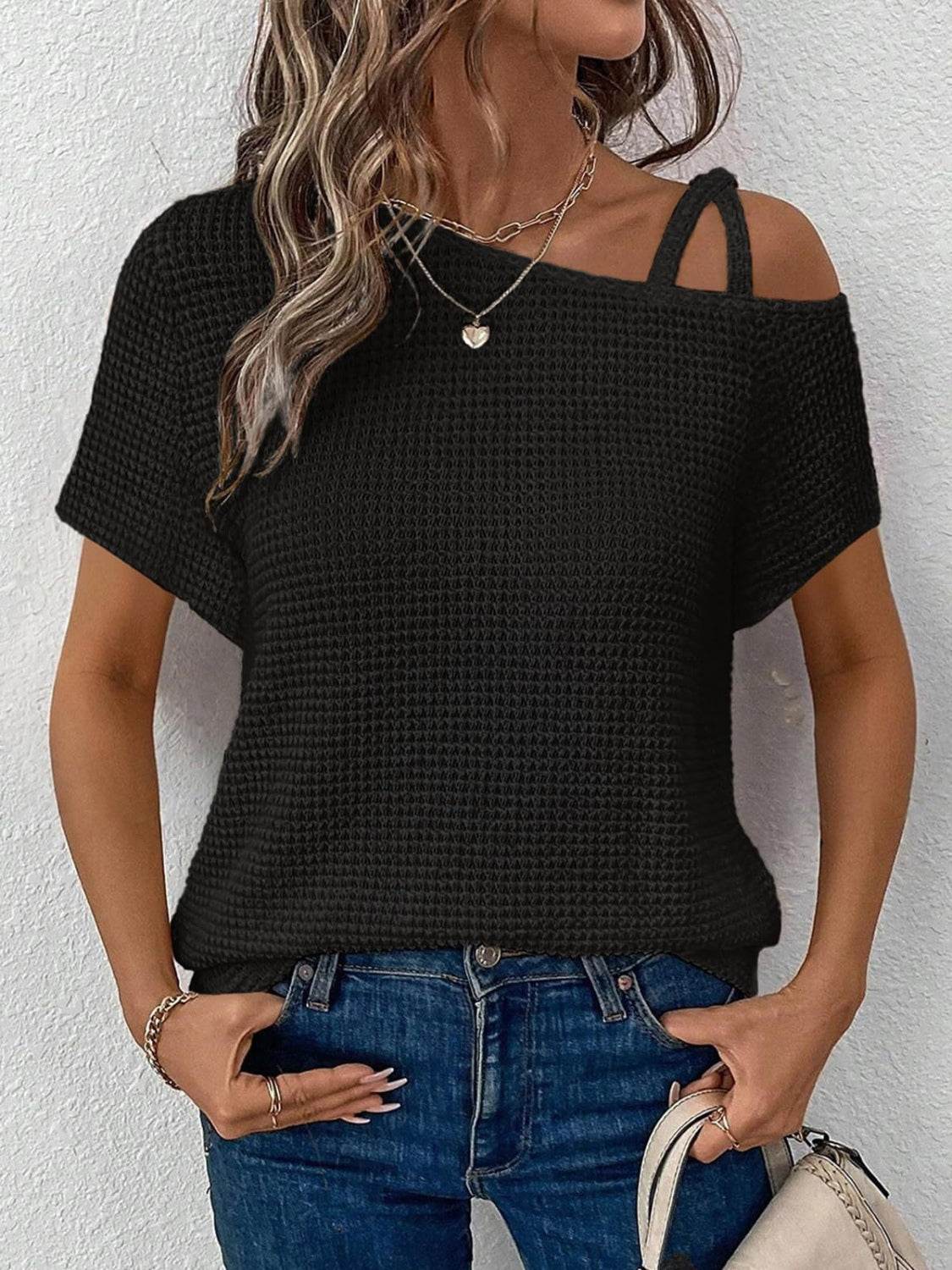 Asymmetrical Neck Short Sleeve T-Shirt - UnLaced Boutique
