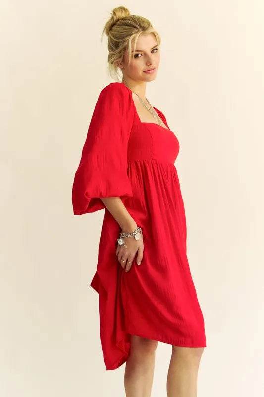 Davi & Dani Solid Textured Fabric Puff Sleeve Tie Back Dress - UnLaced Boutique