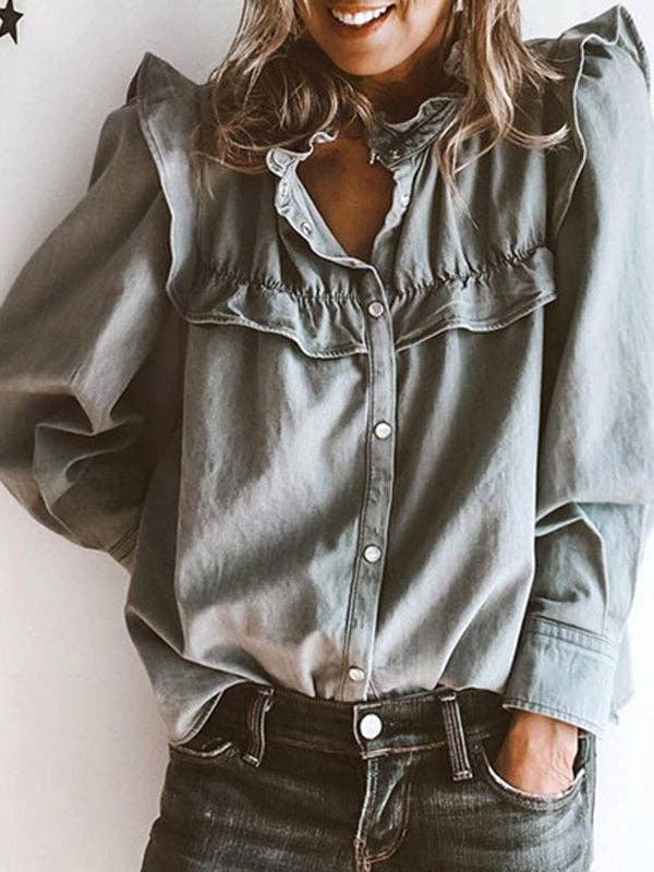 Romantic Ruffle Button-Up Blouse with Pleats
