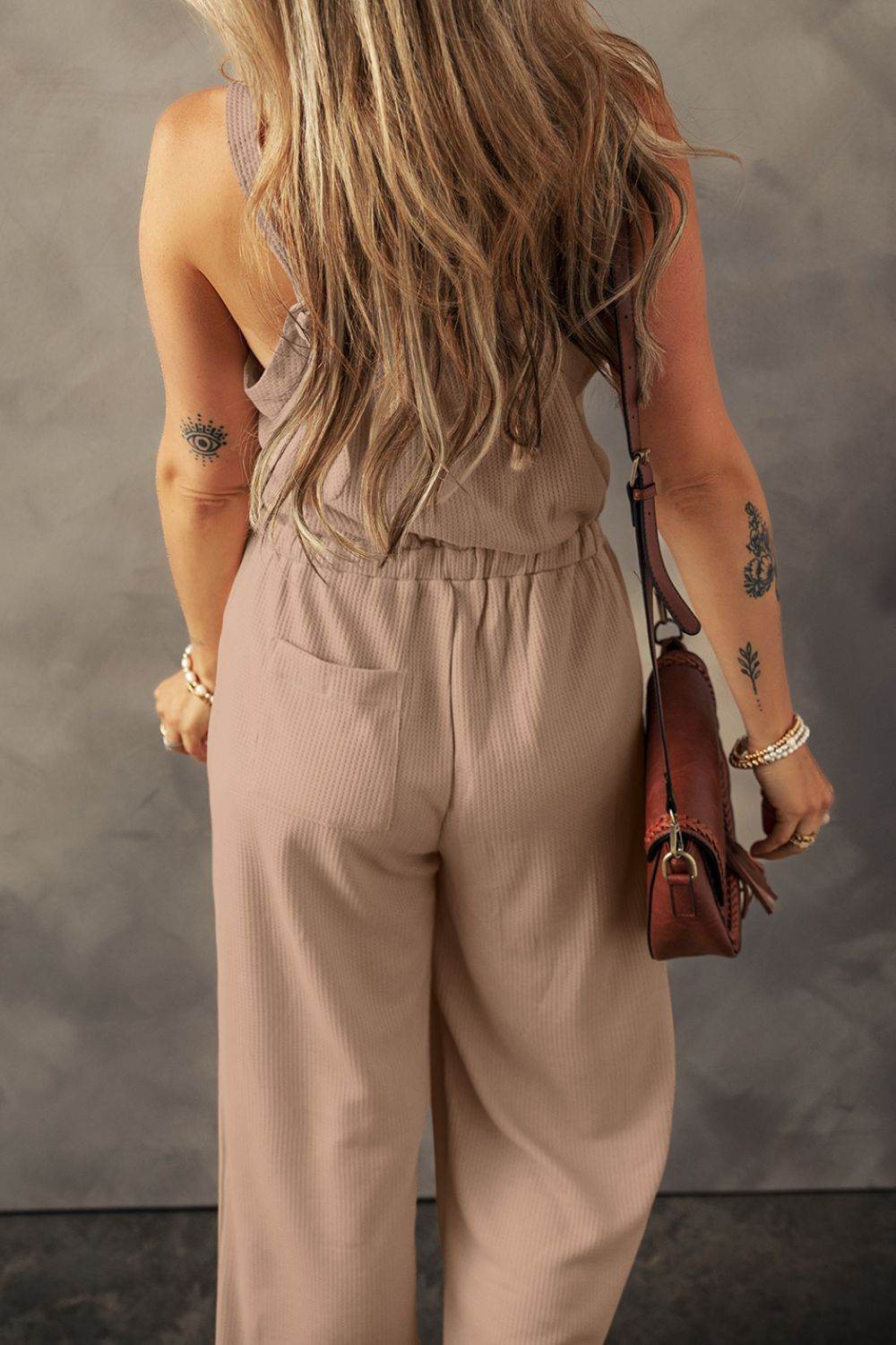 Knotted Straps Button Textured Drawstring Jumpsuit - UnLaced Boutique