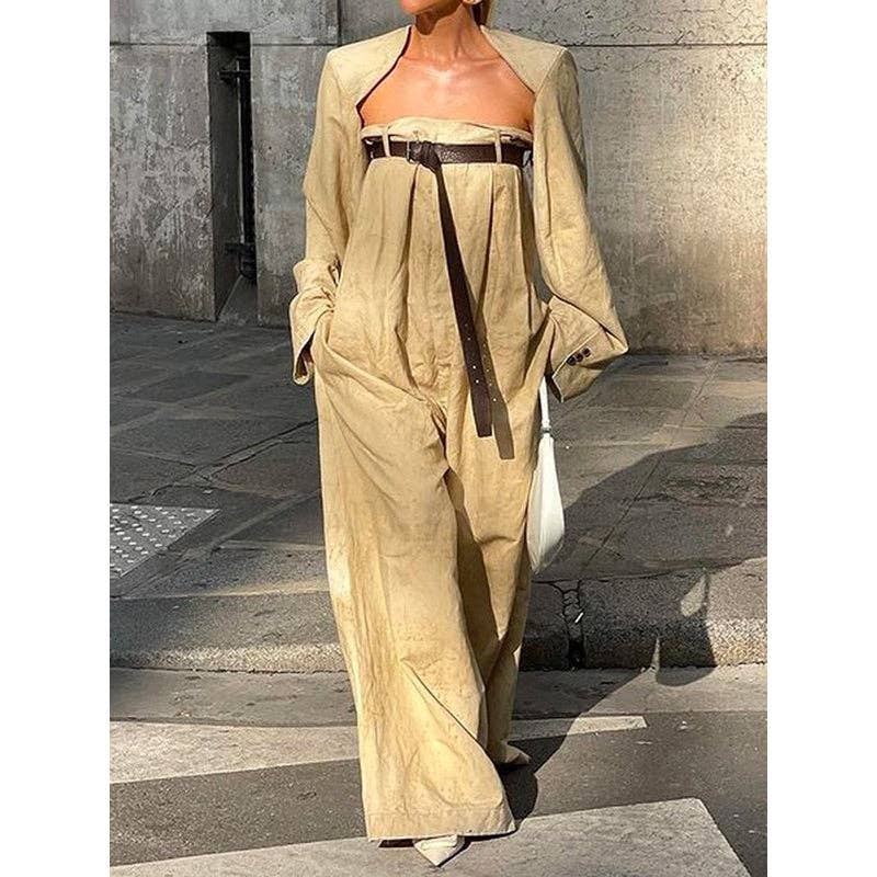 Collarless Top + Wide Leg Jumpsuit Set