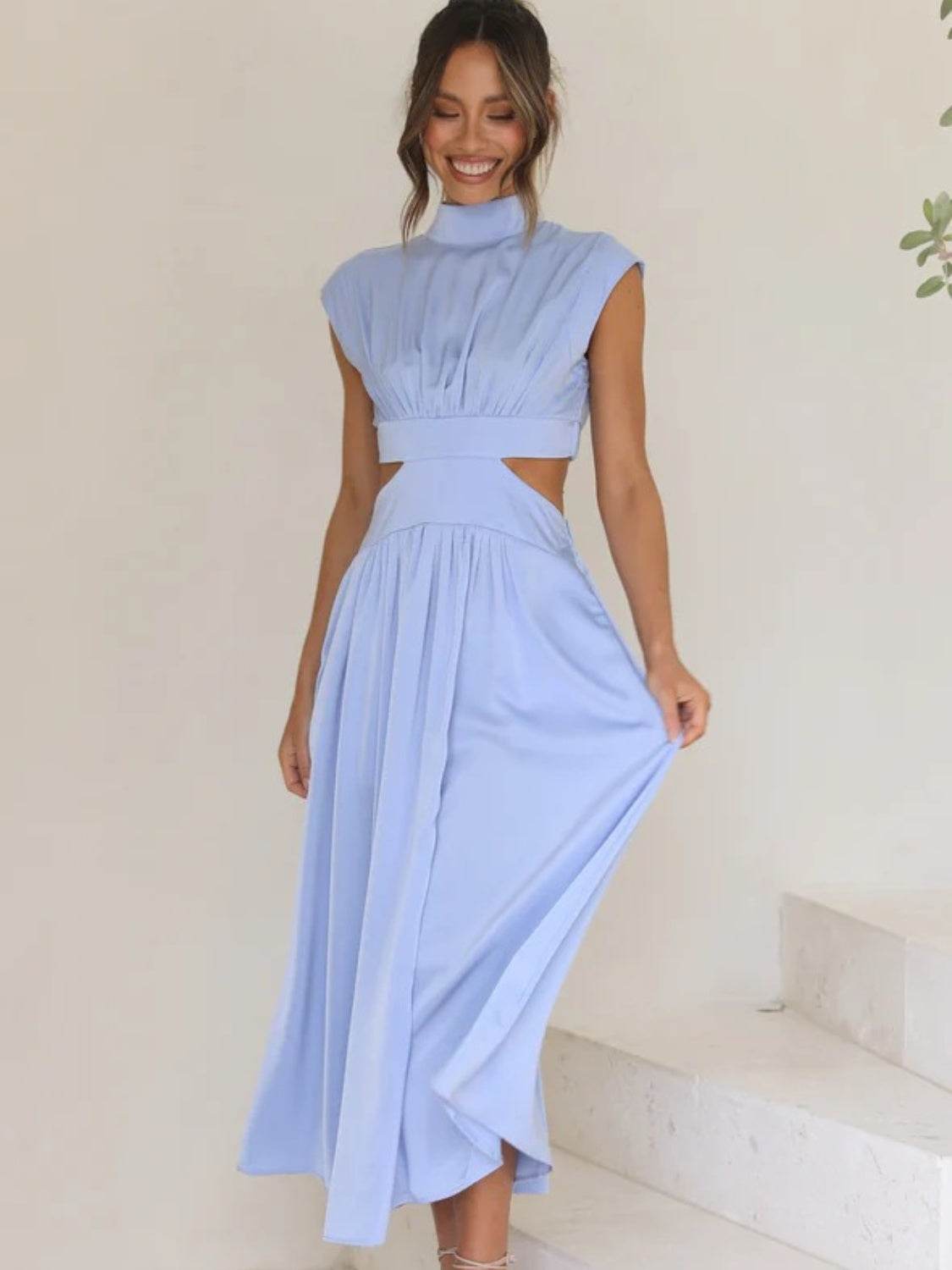 Cutout Mock Neck Sleeveless Ruched Dress - UnLaced Boutique