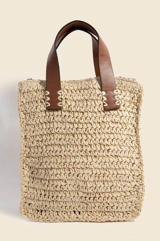 Fame Faux Leather Handle Straw Braided Handbag - UnLaced Boutique