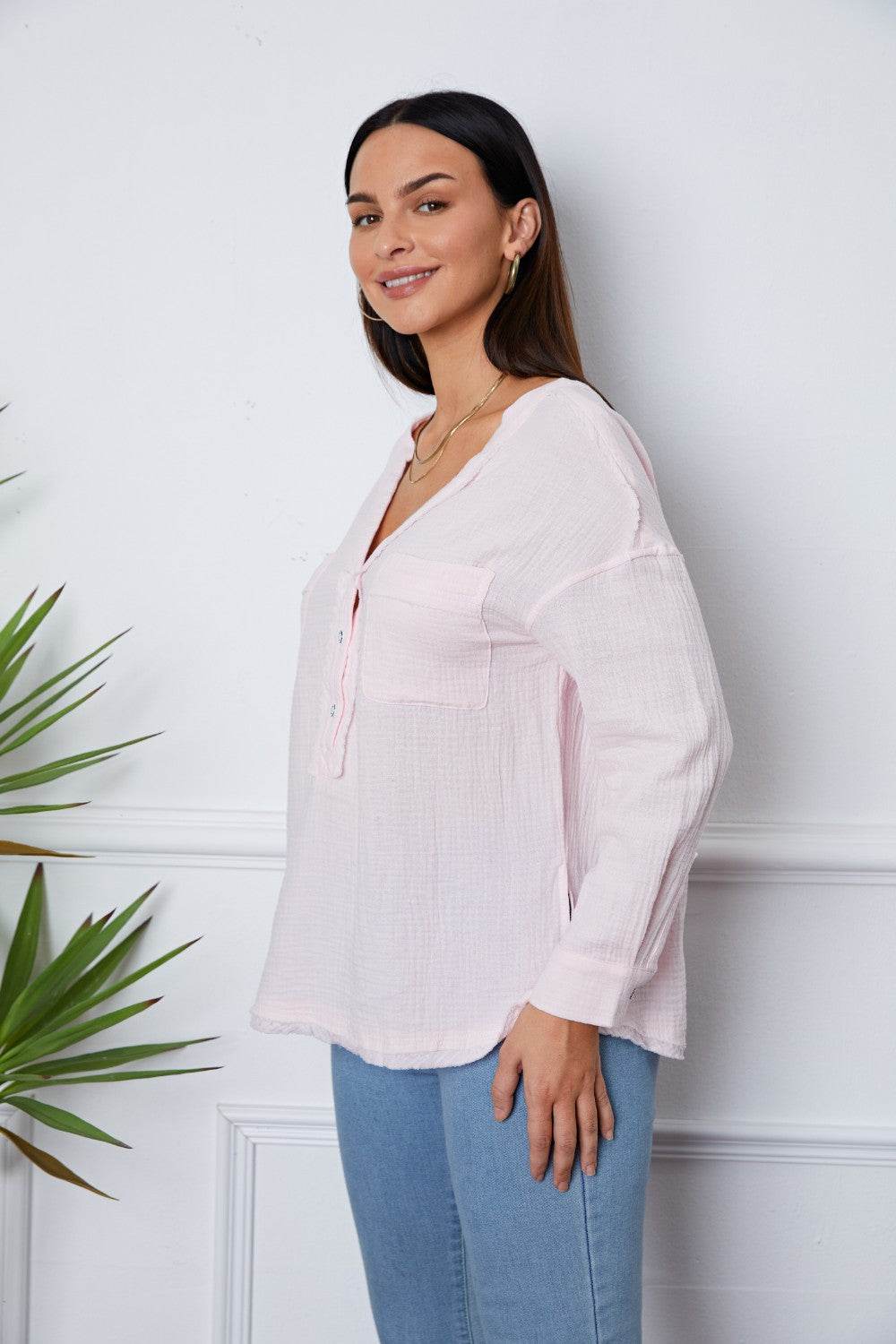 Texture Half Button Raw Hem Top - UnLaced Boutique