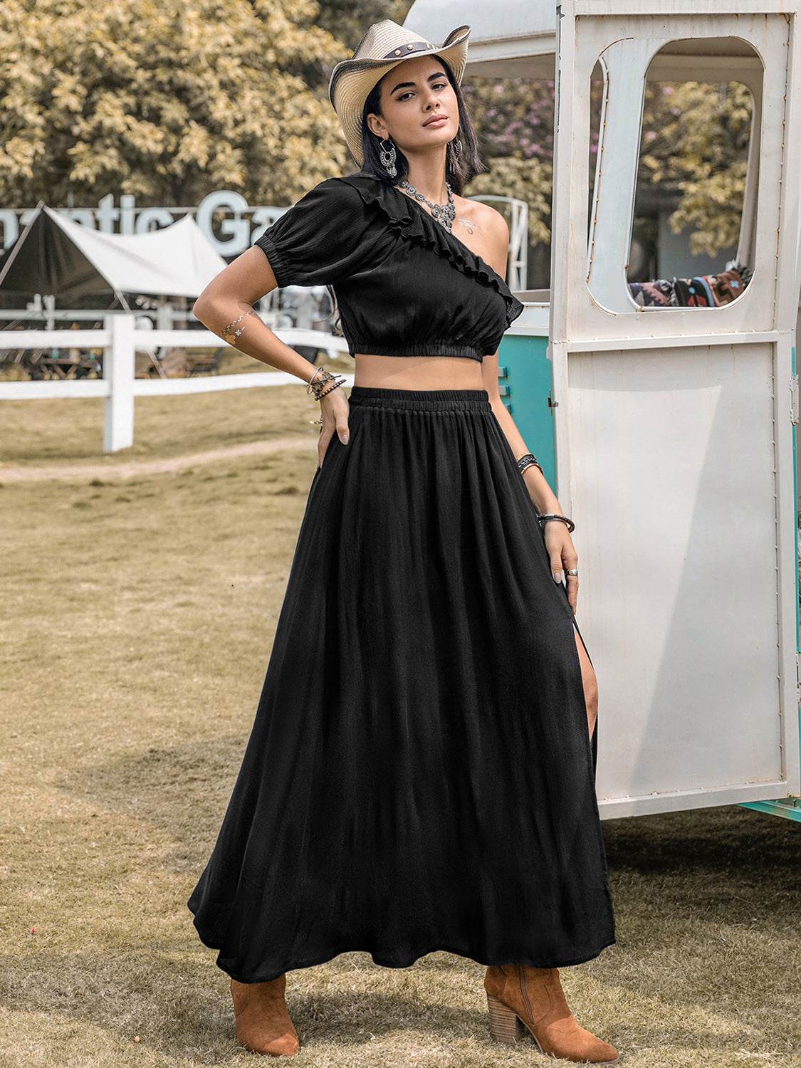 Ruffled Single Shoulder Top and Slit Skirt Set - UnLaced Boutique