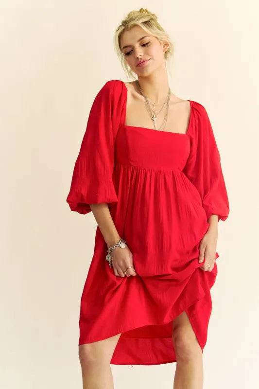 Davi & Dani Solid Textured Fabric Puff Sleeve Tie Back Dress - UnLaced Boutique