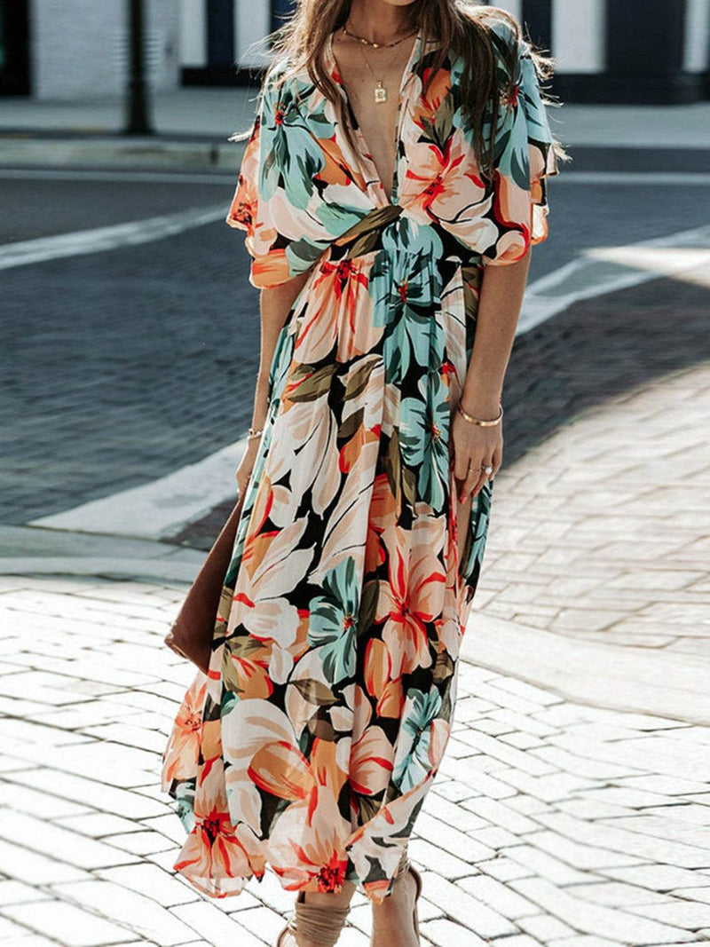 Floral Plunge Half Sleeve Dress - UnLaced Boutique