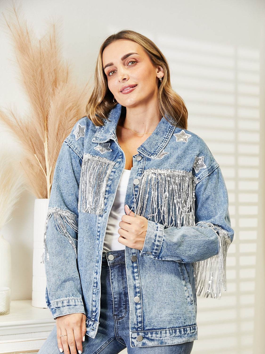 Fringe Detail Long Sleeve Denim Jacket - UnLaced Boutique