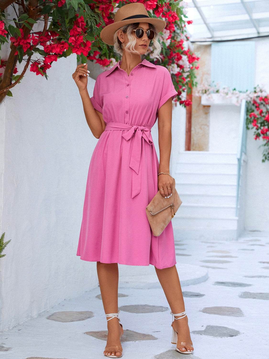 Buttoned Tie Waist Short Sleeve Dress - UnLaced Boutique