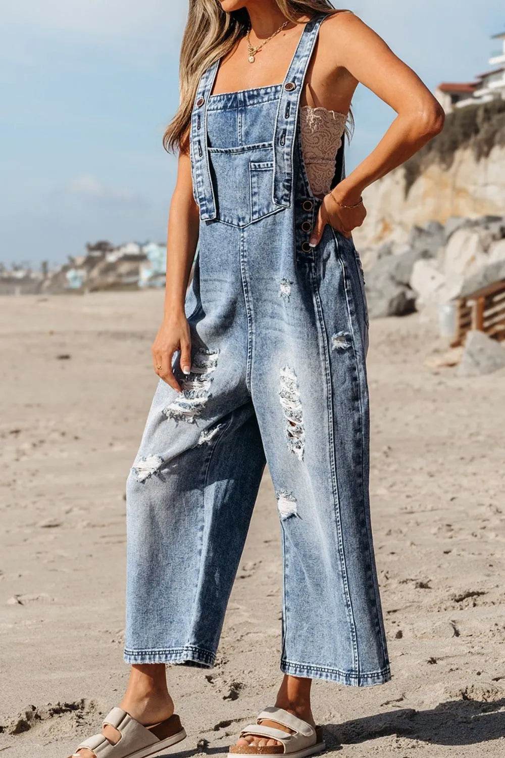 Distressed Bib Pocket Wide Leg Denim Overalls - UnLaced Boutique