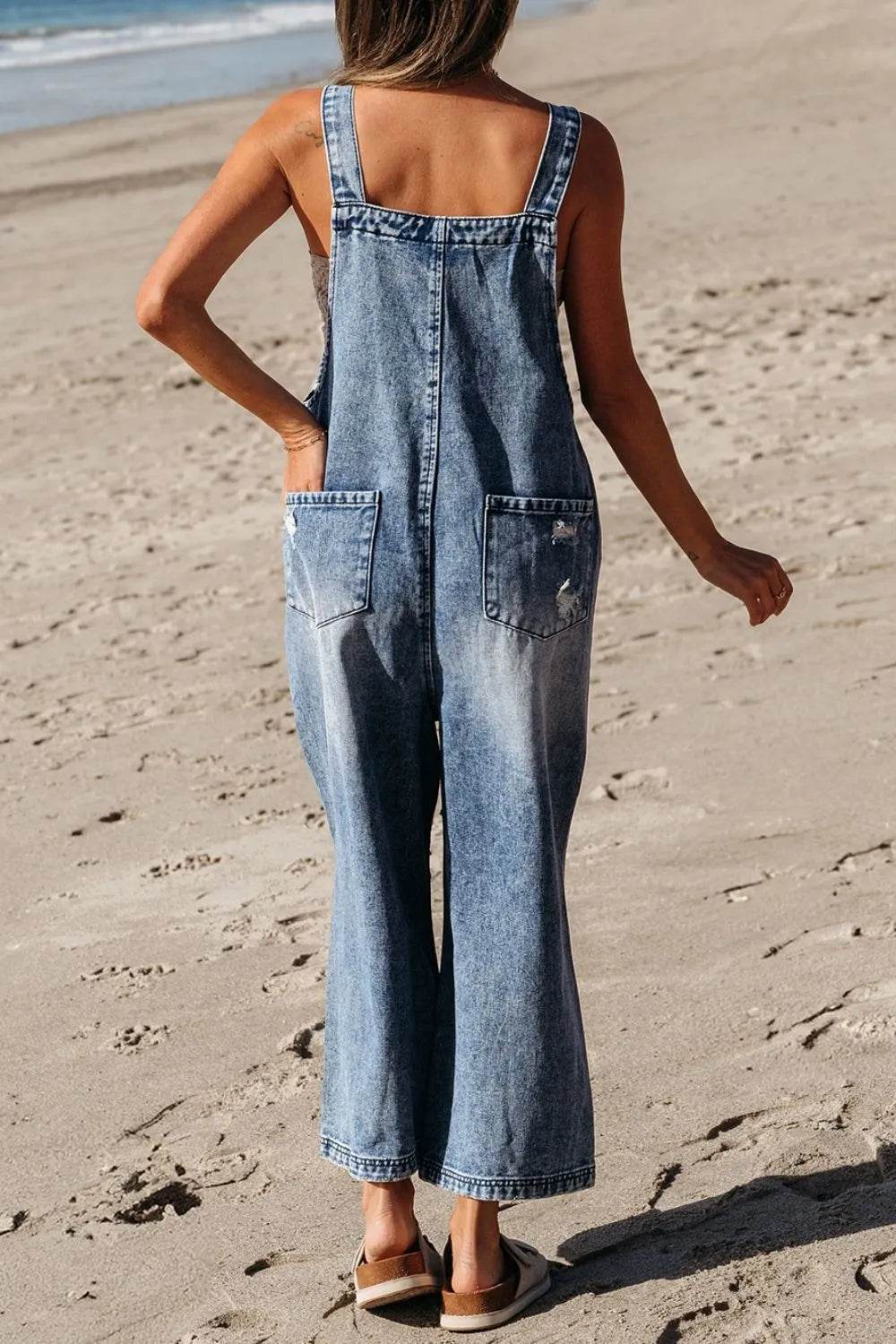 Distressed Bib Pocket Wide Leg Denim Overalls - UnLaced Boutique