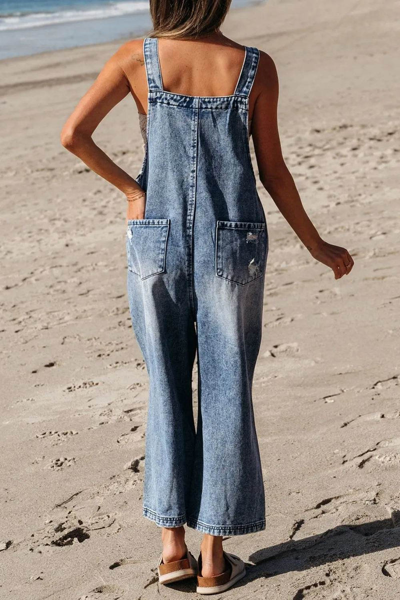 Distressed Bib Pocket Wide Leg Denim Overalls - UnLaced Boutique