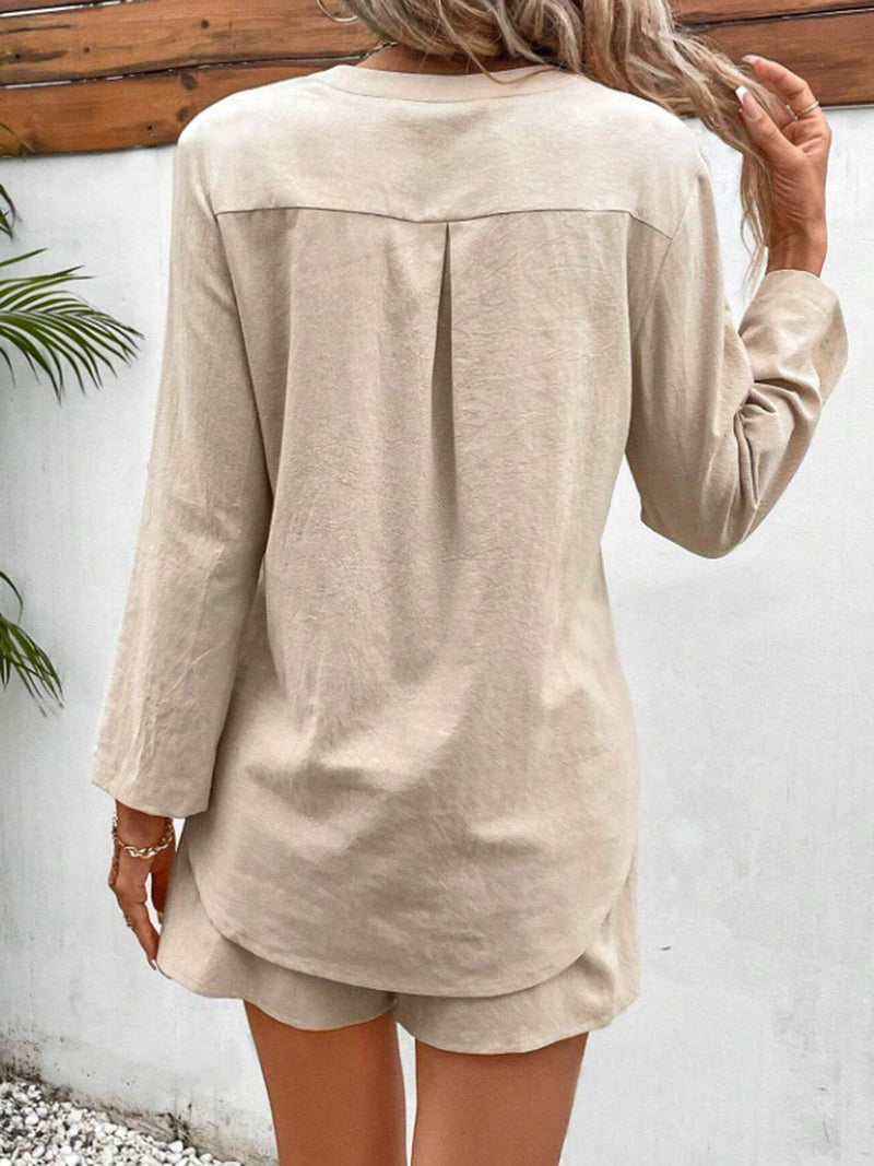 Notched Long Sleeve Top and Shorts Set - UnLaced Boutique
