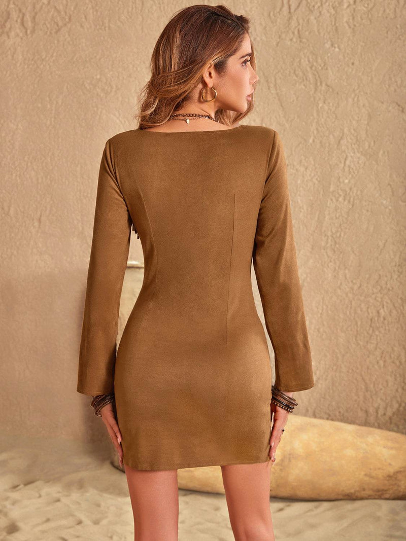 Fringe Lace Up Square Neck Long Sleeve Mini Dress - UnLaced Boutique