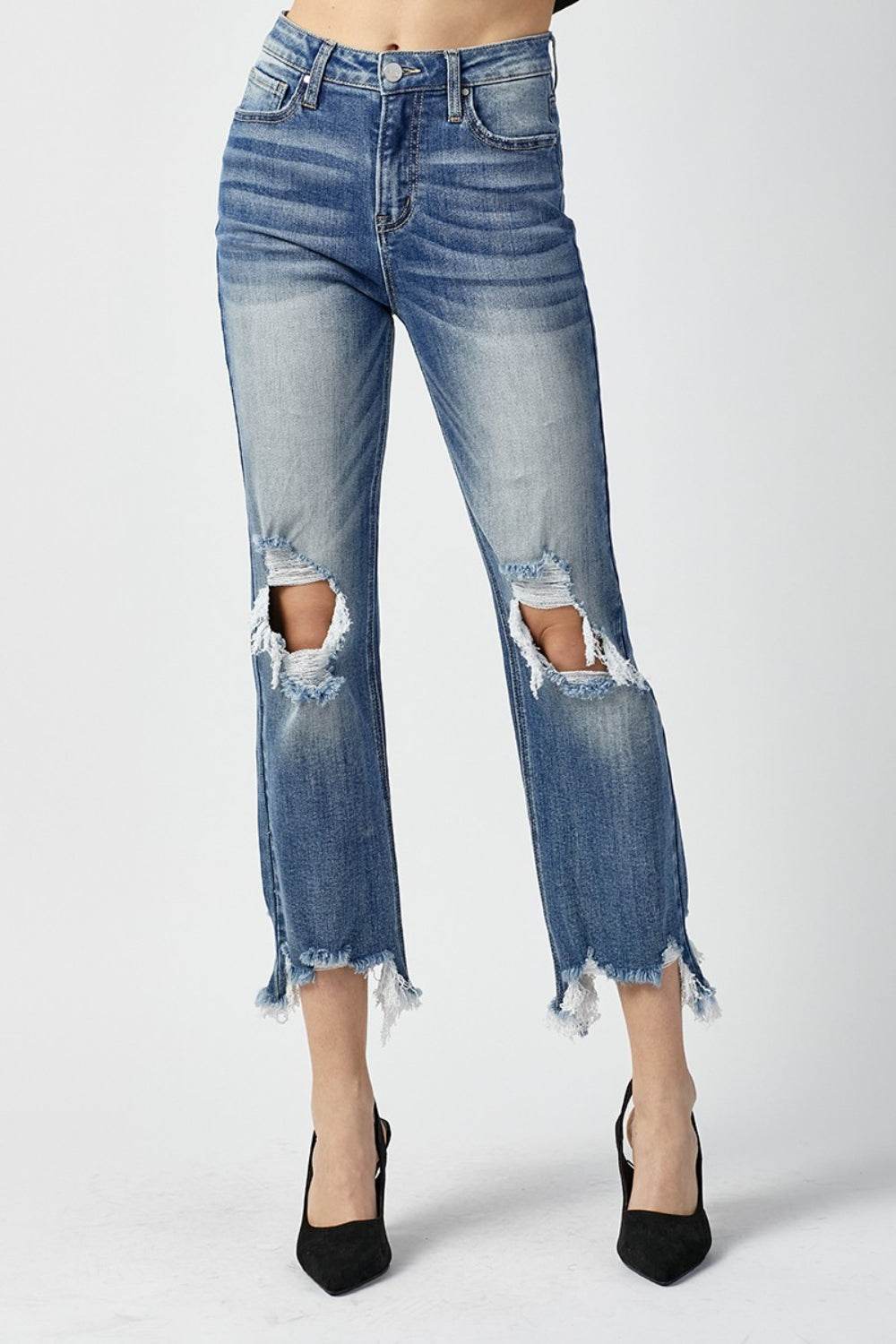 RISEN High Waist Distressed Frayed Hem Cropped Straight Jeans - UnLaced Boutique