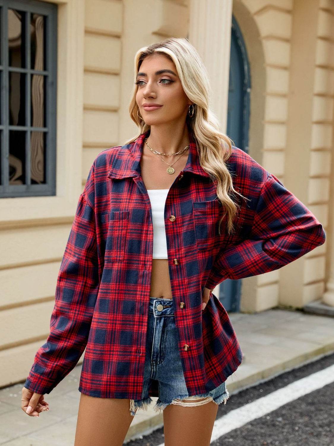 Plaid Collared Neck Long Sleeve Shirt - UnLaced Boutique
