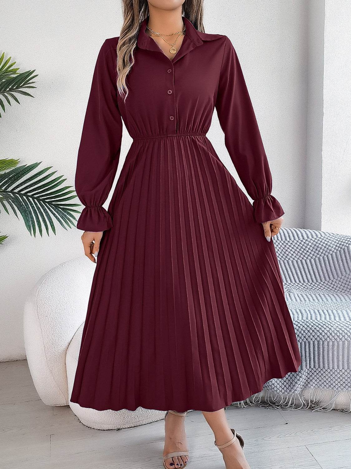 Pleated Half Button Long Sleeve Midi Dress - UnLaced Boutique
